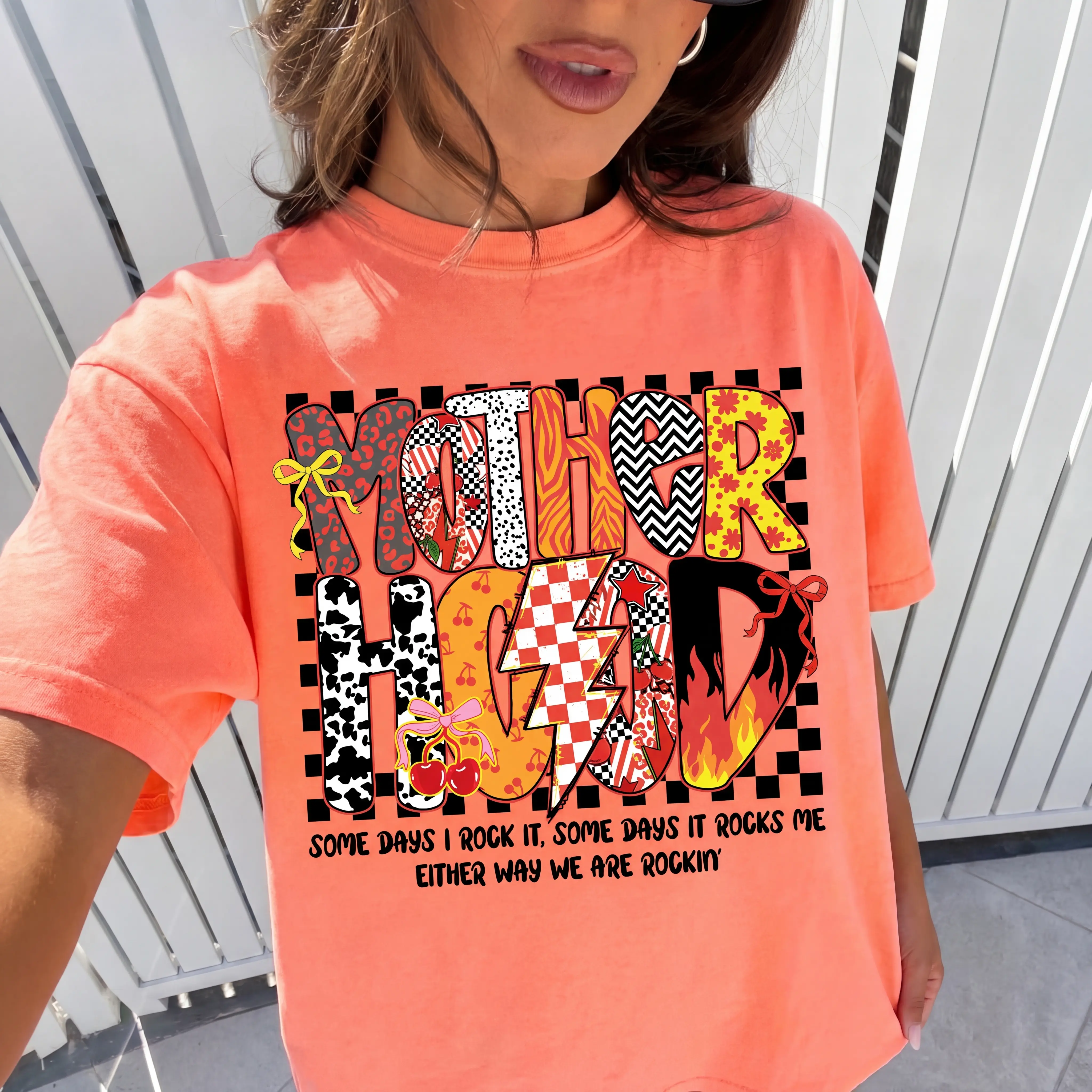 Comfort Colors Preppy Motherhood Checkered Shirt – Trendy Mom Life Graphic with Coquette Bow, Y2K Cherry Lightning Bolt, Grunge Aesthetic for Mama Shirts, 100% Cotton Oversized Fit