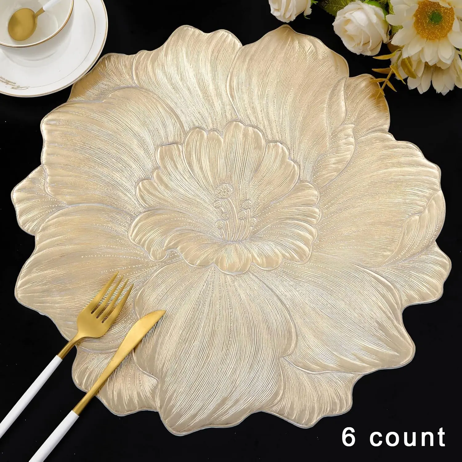 Round Table Mats Set of 6, Camellia Pattern Vinyl Table Mats, Kitchen Decorative Placemat, Coffee Table Mat, Kitchen Dining Wedding Party Decorations, Table Placemats, Coasters
