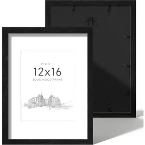 Picrit 12x16 Picture Frame Set of 2, Solid Wood and Black Backboard, Displays 8.5 x 11 with Mat or 12x16 Without Mat, Wall Mounted, Multi-Piece Wall Gallery Photo Frames for Home Decor, Black Wood Grain
