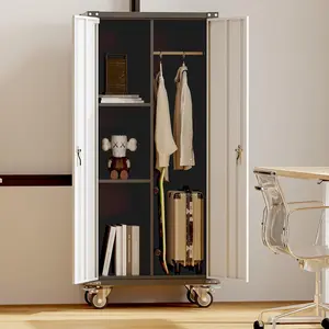 3-Tier Steel Storage Cabinet with Hanger Tubes  Lockable Cabinet  Wheels