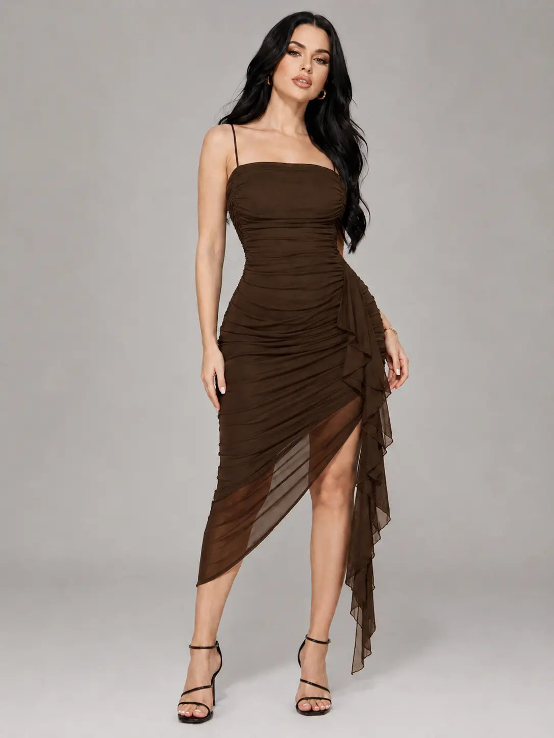 Womens High Slit Ruffle Midi Dress Ruched Adjustable Strap Cocktail Party Wedding Guest Dress