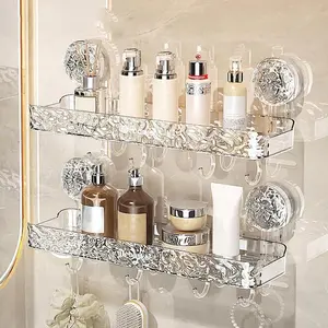 Bathroom Accessories Light luxury style glacier pattern suction cup storage rack with hook, wall rack,no drilling required kitchen organization corner wall rack; detachable multi-functional bathroom organization rack, for bathroom and kitchen hooks.