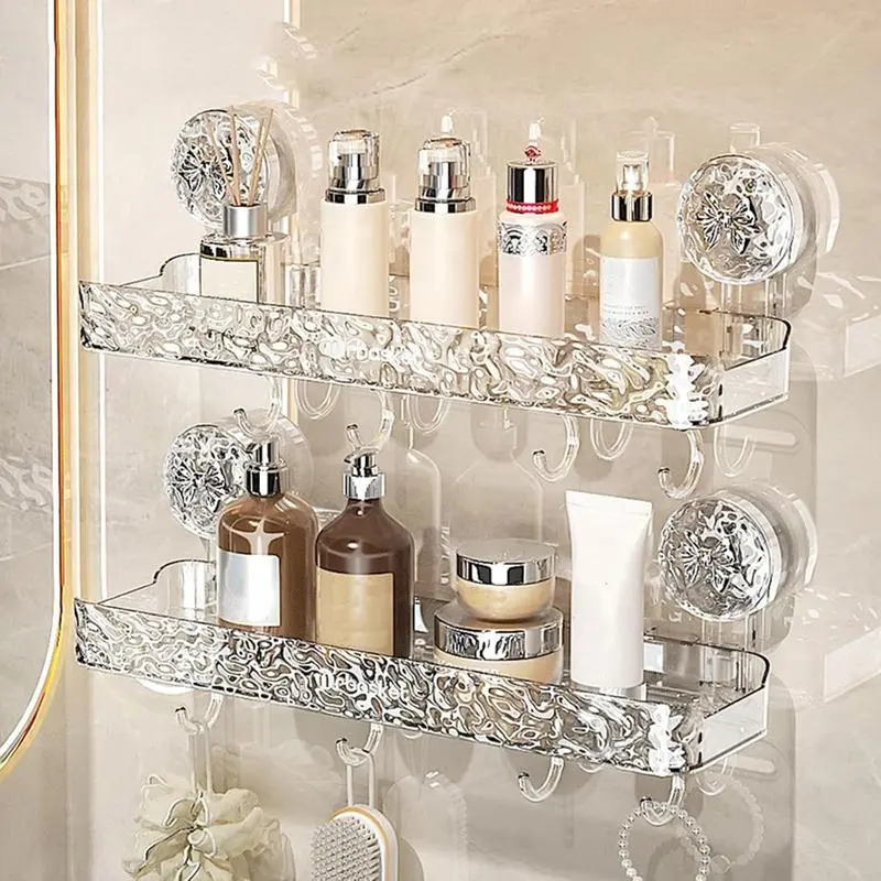 Light Luxury Glacier Pattern Suction Cup Organiser Rack with Hooks - No Drilling, Removable Multi-Functional Bathroom Accessory for Bathroom, Shower & Kitchen Corner Wall Storage