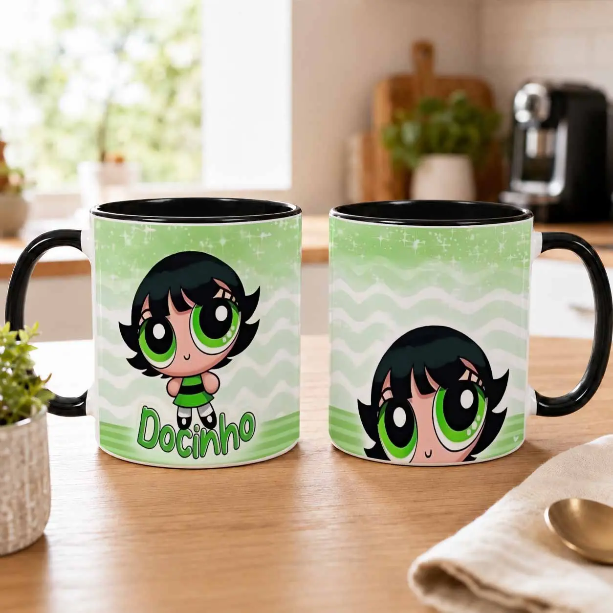 Cartoon Green-Eyed Girl Ceramic Mug - 11oz/15oz, Cute Anime Look Print, Vibrant, Fade-Resistant, Washable Ceramic Body Kitchenware, Office Use Gift for Home Desk