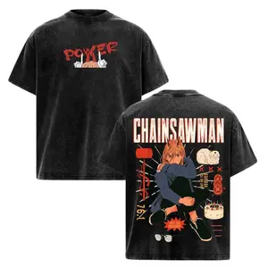 Power Chainsaw Man Washed Shirt Oversized Vintage Retro Heavy Cotton Bold Anime Graphics Tee Unisex Streetwear Top