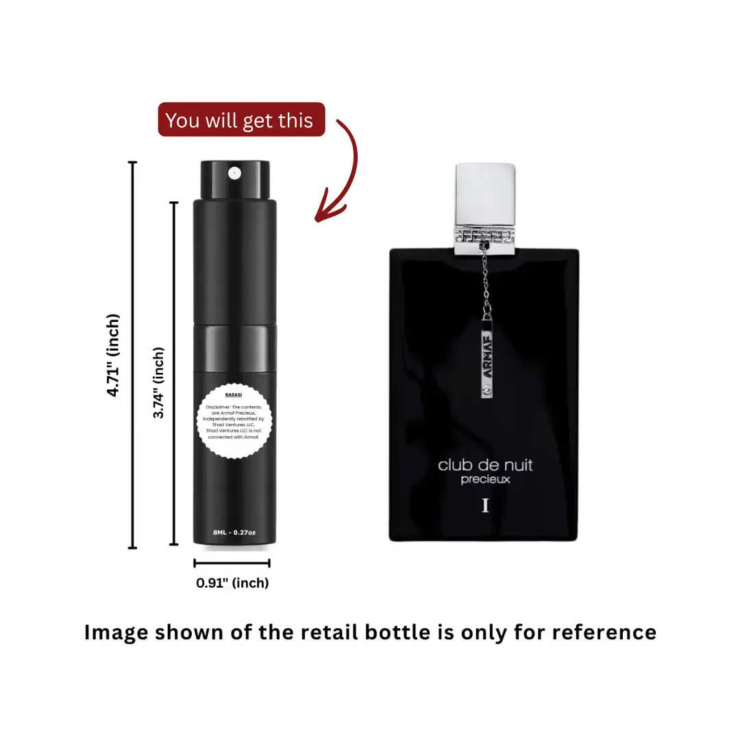 Armaf Club De Nuit Intense Précieux EDP Intense for Men, 8ml-0.27oz Aroma Perfume Spray, 100% Original Authentic Decanted Citrus Aromatic Woody Fragrance with Bergamot Bright Notes
