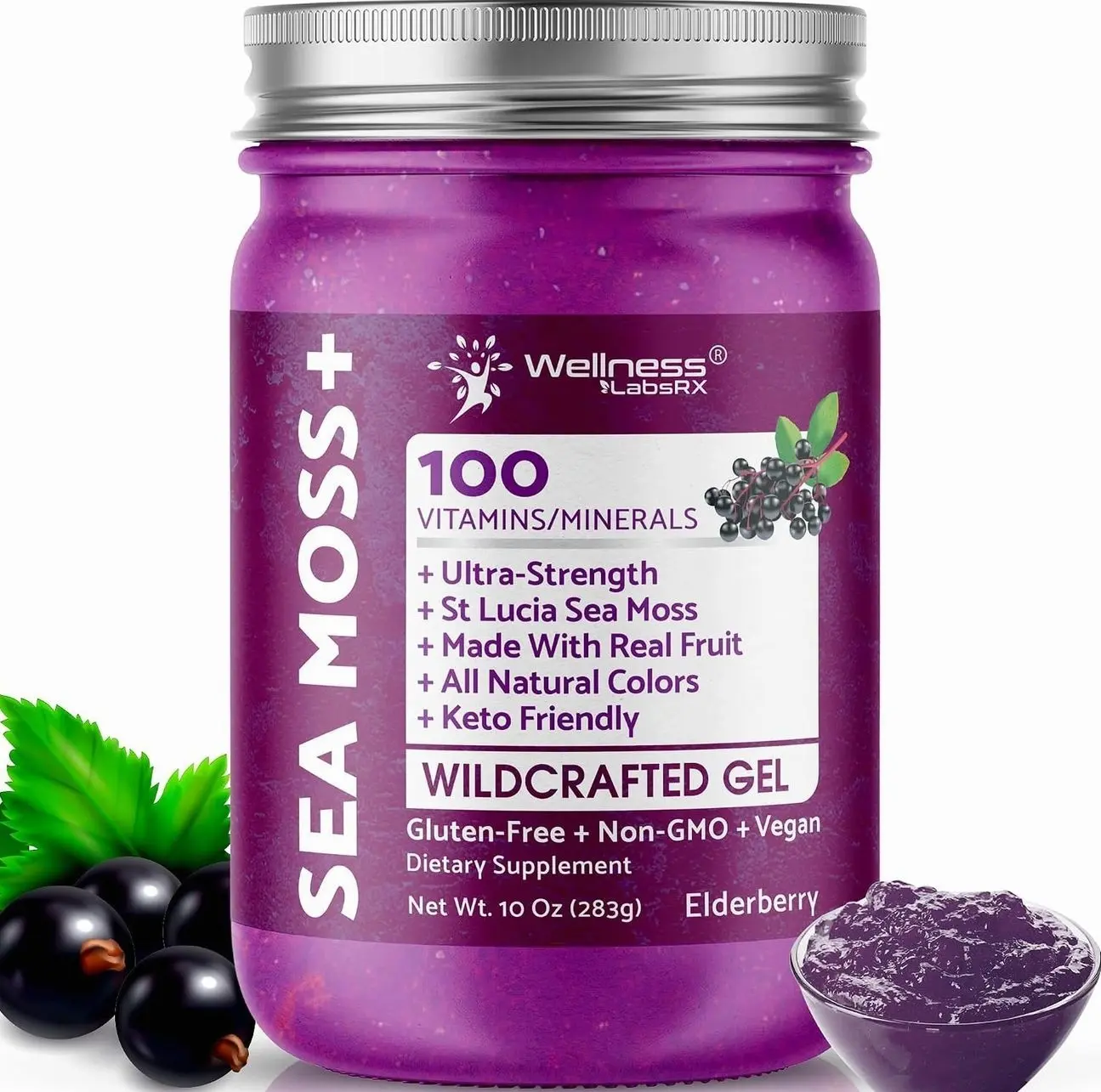 WELLNESS LABSRX Irish Sea Moss Gel Raw - Wildcrafted Superfood Seamoss Gel - Elderberry Flavor, Vitamin and Mineral-Rich from Pristine Caribbean Waters, Immune and Digestive Health Support - 10 oz.