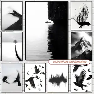 Minimalist Black and White Mountain Tree Crow Landscape Poster Sticky Waterproof Wall Art High Quality Print Aesthetic Home Living Bedroom Decor Trendy Room Decoration Easy-To-Apply Gift Durable Multiple Sizes, High Definition, Easy to Apply & Clean