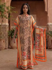 Women's Leopard Pattern Robe Set, Casual Long Dress + Headscarf Scarf Hairband, Beach Sun Protection Satin Silk Shawl