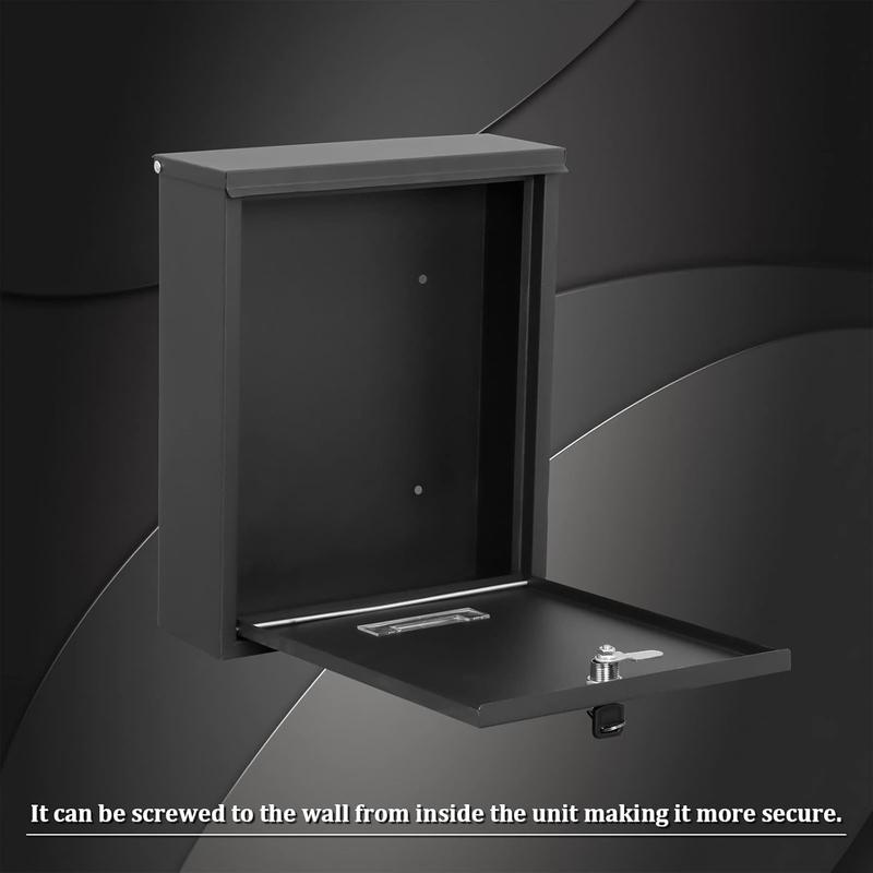 Locking Mailbox Wall Mount, Wall Mounted Mailbox with Key Lock, Large Drop Box with Galvanized Steel Cover, Rust-Proof Metal Box, Black, 10.2 x 3.7 x 12.6 Locking Mailbox Wall Mount, Wall Mounted Mailbox with Key Lock, Large Drop Box with Galvanized Steel Cover, Rust-Proof Metal Box, Black, 10.2 x 3.7 x 12.6