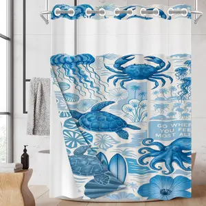 1PC No Hooks Double Layer Shower Curtain, Blue Ocean Creature Print Waterproof Fabric, Fresh Coastal Home Decor, Hotel Bathroom Accessory, Detachable Buckle Liner, Bathroom Room Divider, Shower Curtain And Liner