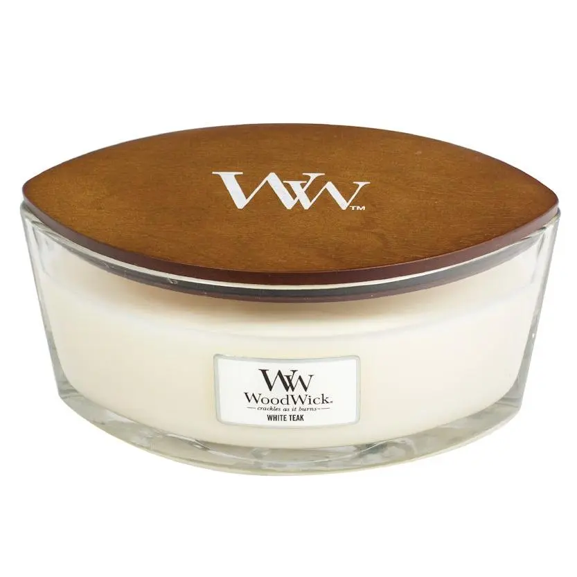 WHITE TEAK Ellipse HearthWick Flame Scented Candle by WoodWick