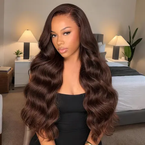 Glueless Wigs Human Hair, Arabella 4# Chocolate Brown 13x6 Lace Front, 220% Density Pre-Cut Lace with Natural Hairline, Beginner-Friendly Put on Go Drawstring Wig