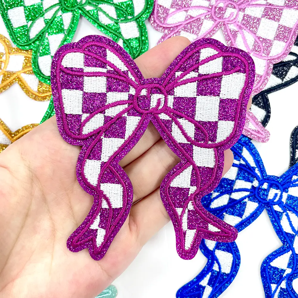 Premium Quality CY Cotton+Glitter Sparkling Checkerboard Iron-On Embroidered Patches - 3.7"x3.2", Preppy Look, Preppy Bow, Embroidered Thread, Dual Attachment, for Trucker Hats, Backpacks, DIY Decoration, Purple, Set of 8