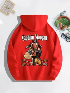 Men's Captain Morgan Hoodie, Fitted Long Sleeve Casual Top, Letter Pattern Design, Comfortable Knit Fabric, Perfect Gift
