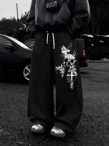 Gothic Dark Skull Thorn Cross Print Wide Leg Sweatpants, High Street Fashion Unisex Loose Casual Pants, Spring & Fall Fitted Straight-Leg, Bottoms