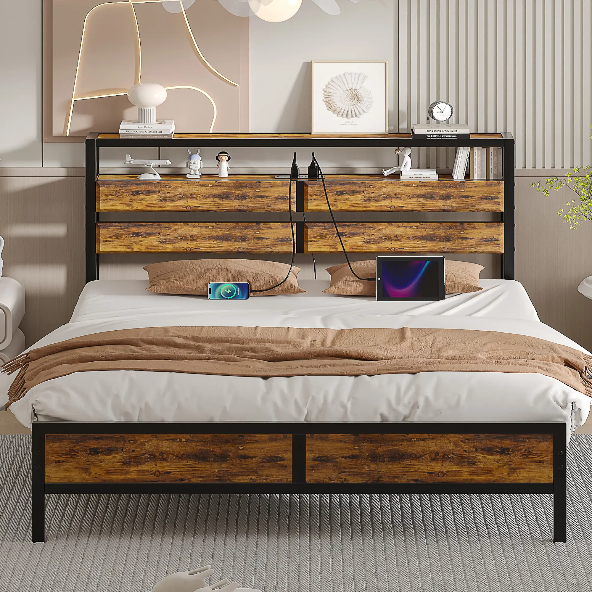 VECELO Modern Metal Bed Frame with with Built-In Power Outlet & Storage Shelf Wooden Headboard & Footboard, Full/Queen/King Size Platform Bed , No Box