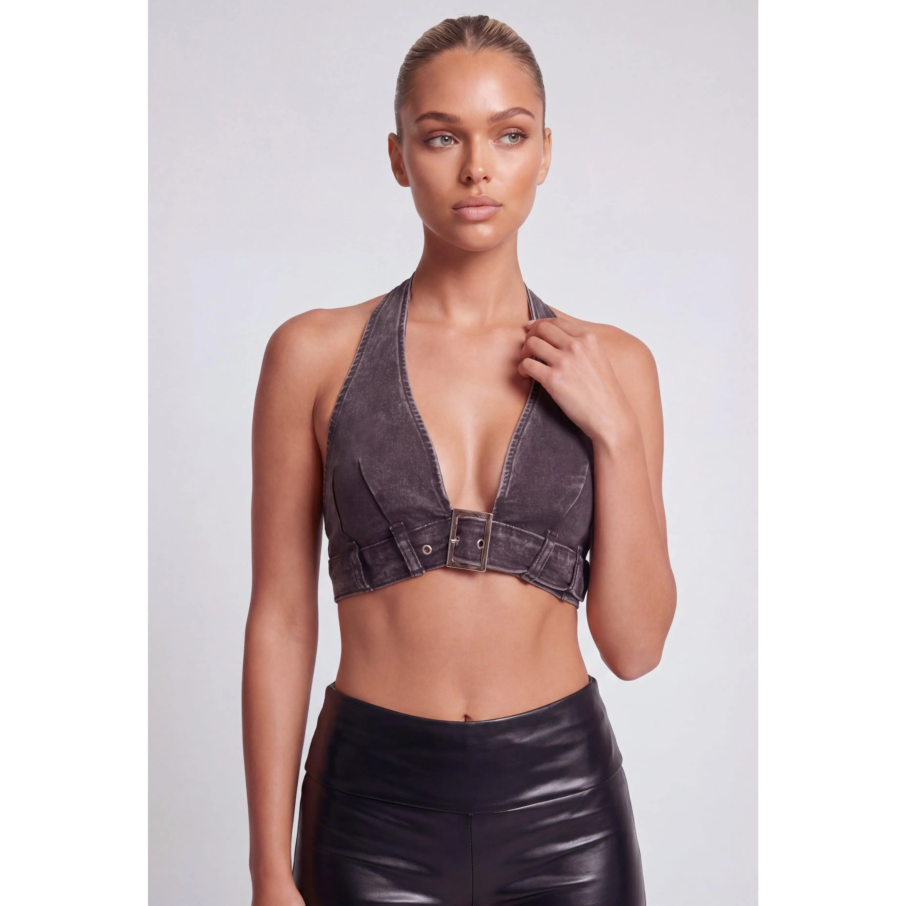 Acid Wash Denim Buckle Halter Top