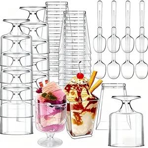 100PCS 5oz Dessert Party Cup Set With 100pcs Spoons - Clear Plastic Mini Square & Goblet Cups For Fruits, Ice Cream, Cakes, And Events Such As Valentine's Day, Christmas, New Year, And Birthday Parties.