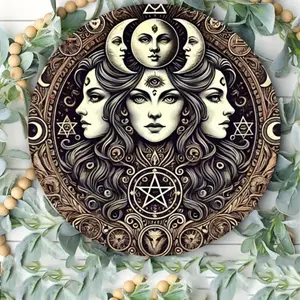 Vintage Hecate Witch aluminum wall art! Moon & pentagram design, perfect for home/garden/bar, great for Halloween!