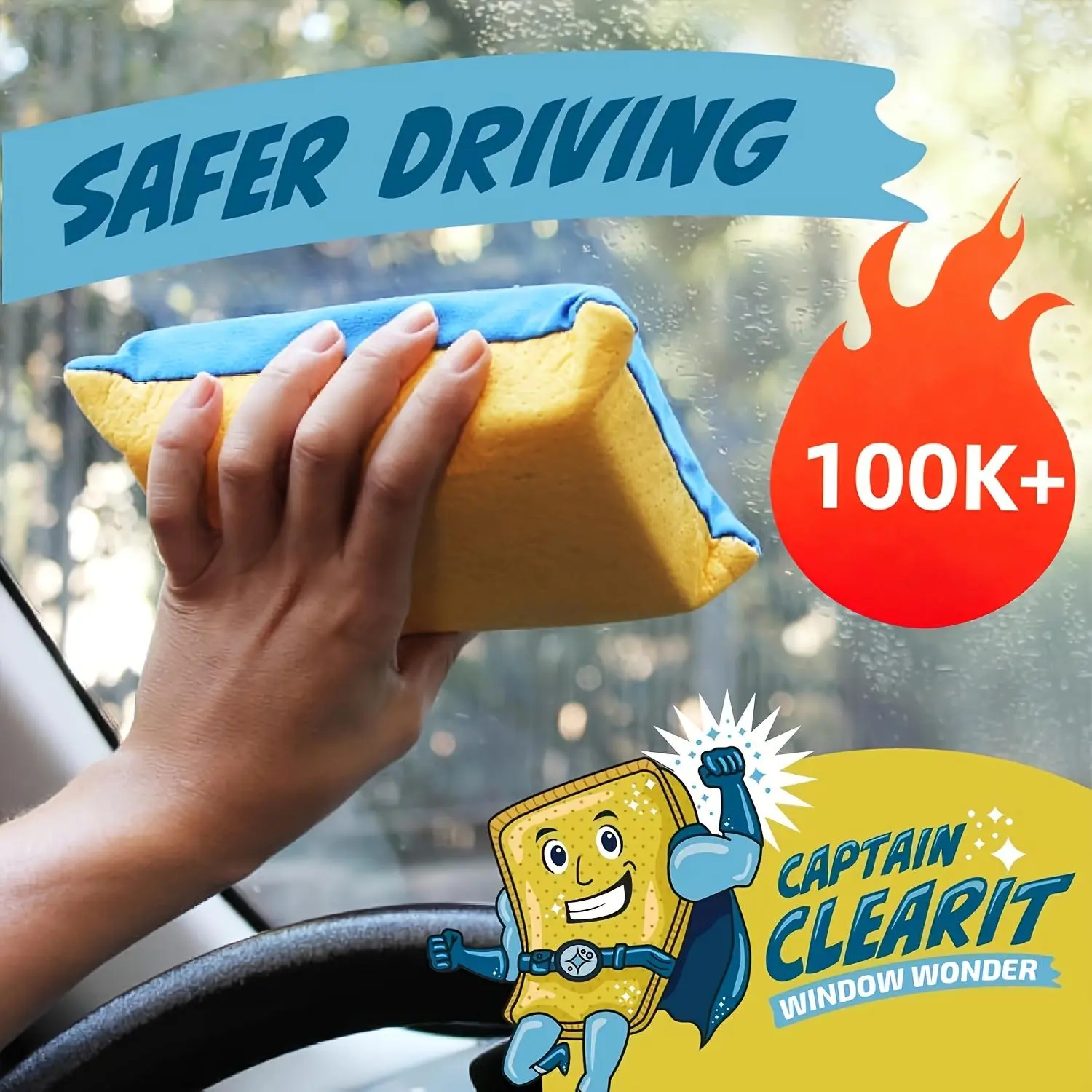 A Large Window Defogging Sponge with Exceptional Absorbency, Designed for Automatic Window Cleaning Without Leaving Streaks. Perfect for Mirrors, Glass, and Windows. Captain Clear Window Miracle - Extra-Large Super Absorbent Anti-Fog Sponge