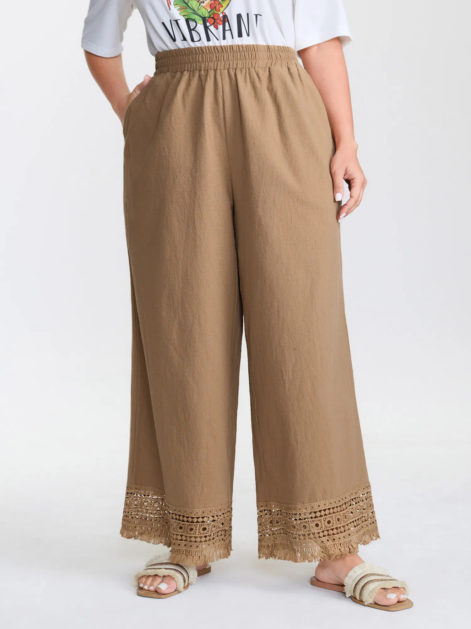 BloomChic Women's Plus Size Boho Bottoms, Flowy Straight Leg 100% Cotton Garment with Mid Rise Waist and Slit Hem for Curvy Confidence, Fabric, Plus Size Flowy Pants, Comfy Ootd, Chic Curve Pants, Bohemian, Trouser, Bloomer Pants