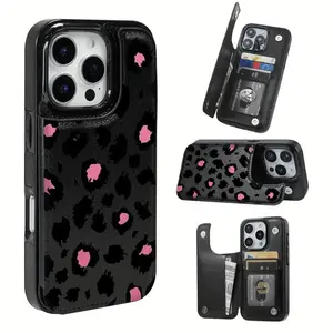 Black and pink leopard print, practical TPU phone case with card slot for storing cards and other items. Compatible with iPhone 17 16 15 14 13 12 PRO MAX PLUS、AIR  series phones. A perfect gift for Halloween, Christmas, and Thanksgiving.