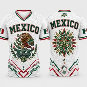 2026 Mexico Inspired White V-Neck Short Sleeve T-Shirt for Men, Eagle Serpent Cactus Graphic, Aztec Sun Mask Back Print, Flag Sleeve Accents, Casual Soccer Fan Tee, Futbol Game Day Shirt