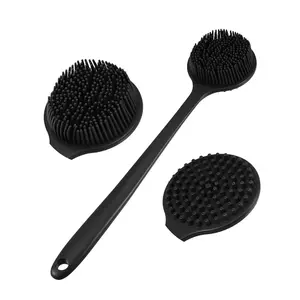 Unique Bargains Silicone Body Scrubber, Silicone Back Scrubber for Shower, Double-Sided Shower Brush Exfoliating, Bath Brush Long Handle for Shower, Soft Bristles Body Brush for Men and Women, Black