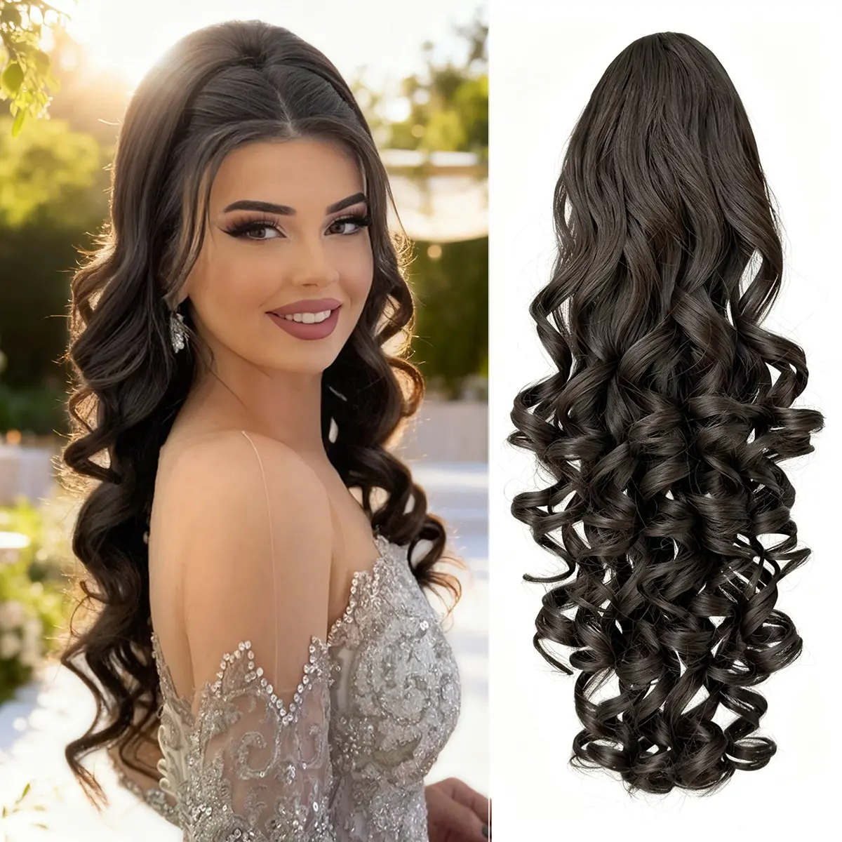 Women's HEYPINK Clip-On Drawstring Ponytail Extension - 22in Brown Deep Wave Synthetic Hairpiece, for Hair Transition, Party & Casual Wear, 22 In