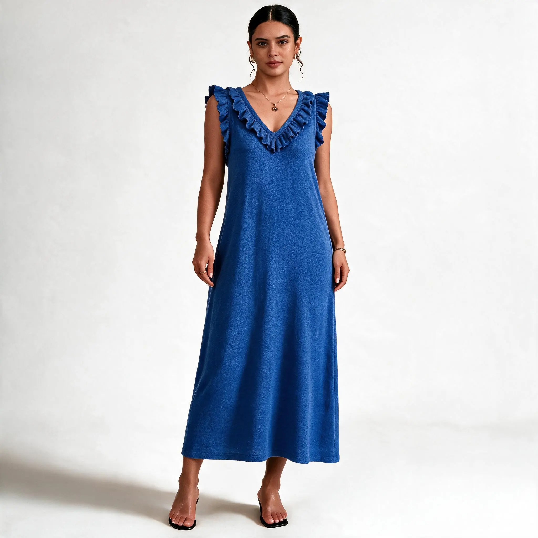 Women's Ruffle V‑Neck Sleeveless Maxi Dress, Loose Casual Flutter Cap Sleeve Long Dress, Relaxed Fit Summer Beach Vacation Dress for Women