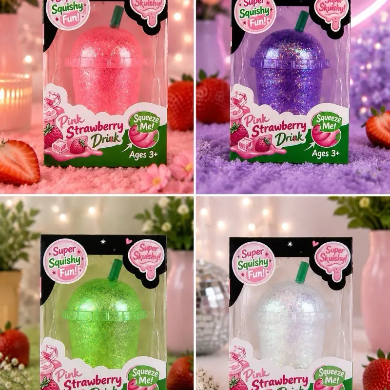 4-Pack Glitter Drink Squishy Sensory Grippie Set - Pink, White, Purple & Green, Super Soft, Quick Rebound - Anxiety Relief Products, Stress Relief Fidgeting, Decompression Squeeze, Calming Touch Toy
