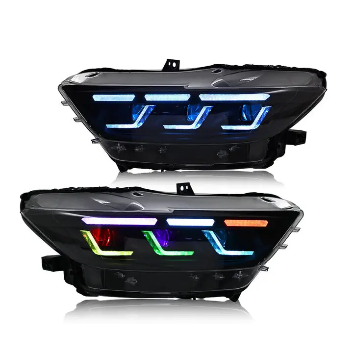 KuerLED RGB Headlight for 2015-2017 Ford Mustang, Projector Front Lamp Assembly with Triple Beam Lens