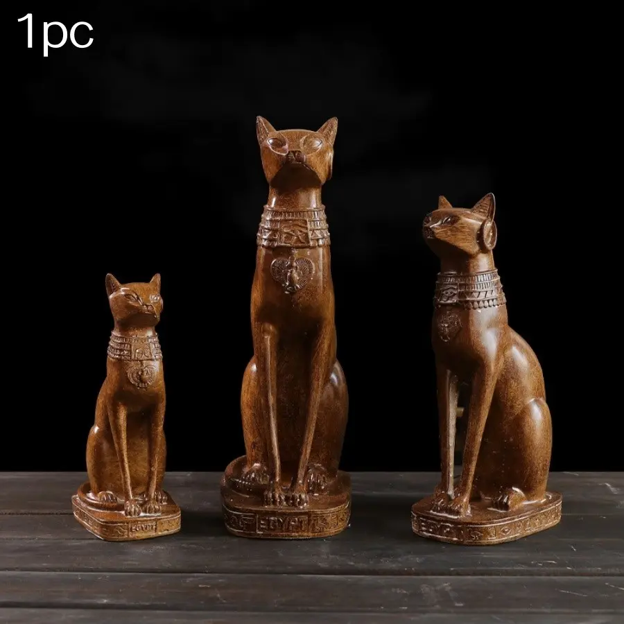 Vintage Egyptian Cat Sculpture, Resin Craftsmanship, Wooden Color Replica, Ideal for Living Room, Study, Entrance Hall Decor