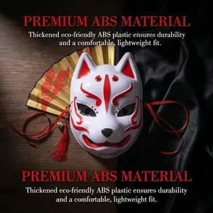 Hand-Painted Japanese Fox Kitsune Kabuki Full Face Cosplay Mask, White PVC Large Size Unisex Masquerade Mask for Halloween Party, Cosplay, Festival, Tengu Sakuras Style Adult Costume Prop paperwhite Accurate Red and Romantic Silver Black Decoration Set