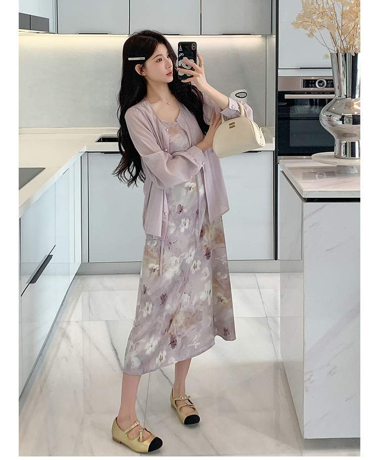 Sweet And Gentle Style Purple Printed Slip Dress Shirt And Cardigan Two-Piece Set
