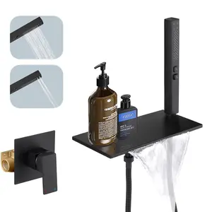 BESy Brass Waterfall Bath Tub Faucet with Handheld Sprayer, Wall Mount Bathtub Faucet Set Modern Roman Tub Filler with Brass 2 In 1 Handheld Showerhead, with cUPC Rough-In Valve, Matte Black wall mount rain shower