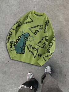 Trendy Cartoon Dinosaur Print Sweater, Fluorescent, Fun Dino Elements Design, Perfect Retro Kids Fashion Piece, Graphic Print Sweater