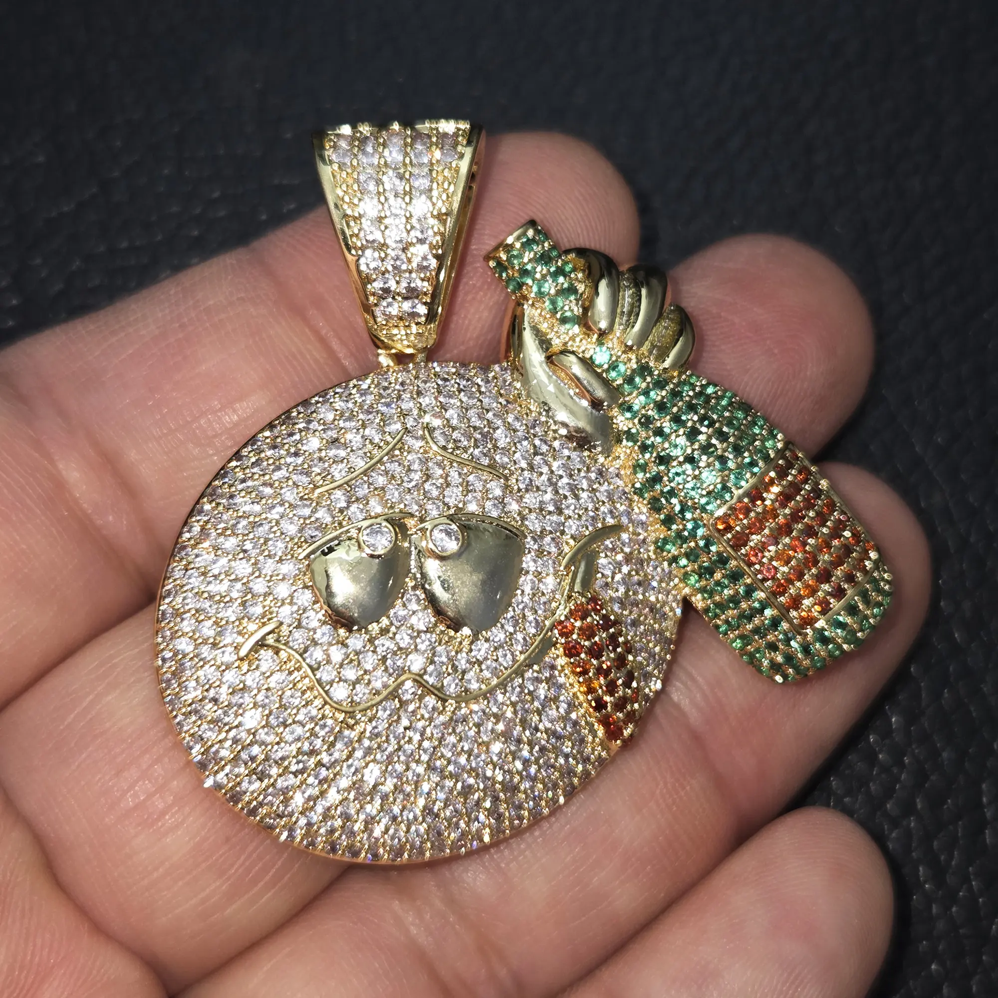 MaxBling81 High-End Moissanite Hip Hop Drop Necklace, 18K Gold-Plated Brass Drunk Emoji Charm Pendant