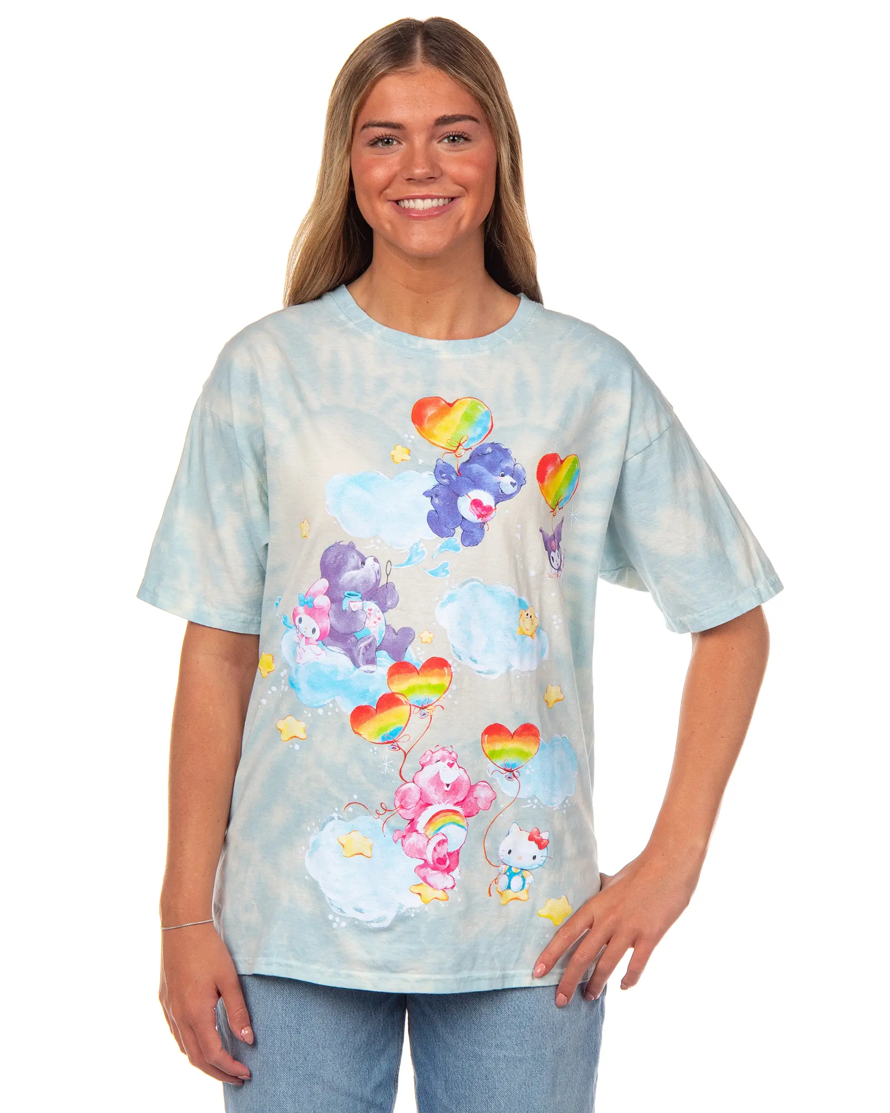 Hello Kitty and Friends x Care Bears T-Shirt Friends Unite Women's Glitter Shimmer Tie-Dye Boyfriend Fit Tee