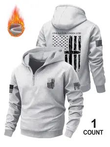 Men's Zipper Hooded Sweatshirt Jacket, Fleece Lined Fashion Print Flag Design, Casual Loose-Fitting Outdoor Wear for Fall & Winter, Menswear