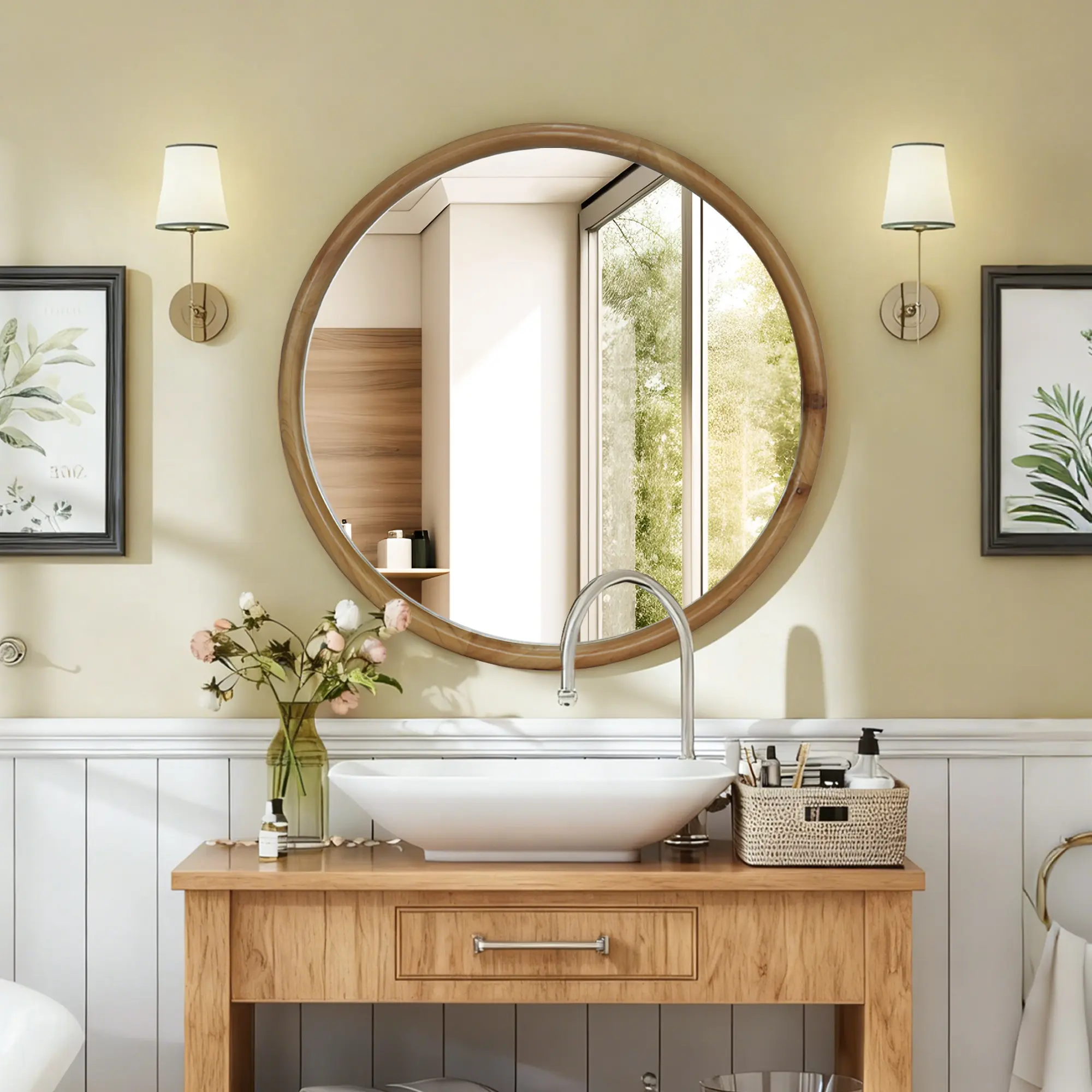 23.62-Inch Round Wall Mirror with Natural Wood Frame, Mid-Century Modern Circle Mirror for Bathroom, Bedroom, Entryway, Living Room, Wall-Mounted Decorative Accent, Reflective Glass, Natural Wood Color