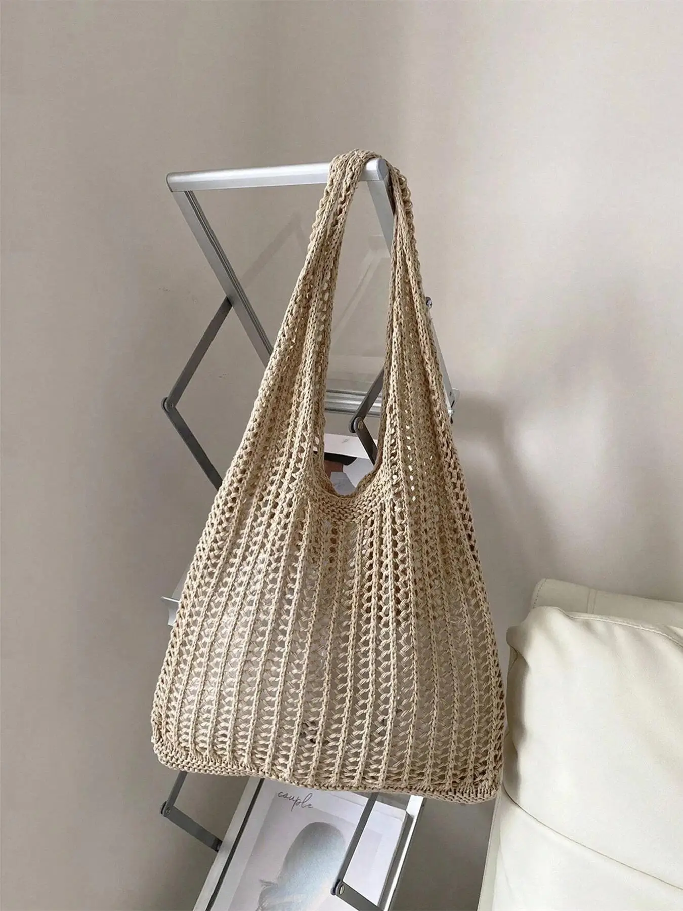 Summer 2025 Women's Minimalist Crochet Tote Shoulder Purse, Casual Lightweight Retro Braided Bag, Trendy Simple Style Bag for Summer Beach Outfit, Bac