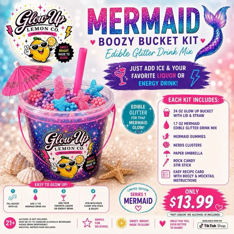 Mermaid Glitter Drink Kit | DIY Boozy Bucket Mocktail Mixer with Candy