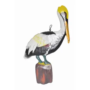 Hand Carved on POST White Wood Pelican Wall Art Hang on Tropical Nautical Decor Sign