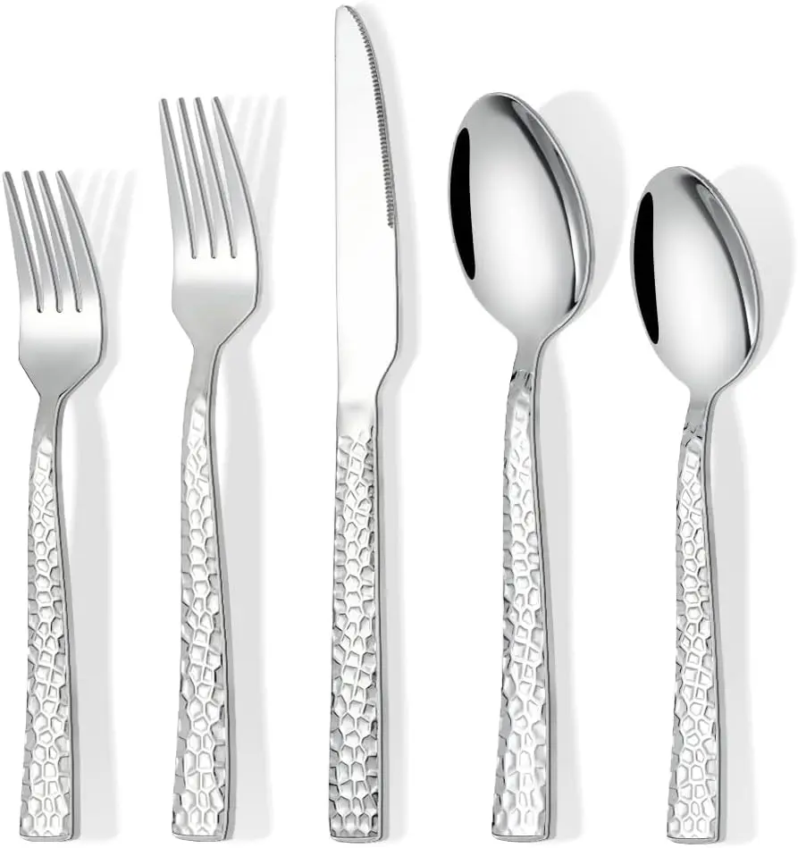 60 Piece Silverware Set for 12, Stainless Hammered Flatware Set, Utensil Cutlery Silverware Set Include Fork Spoon Knife, Mirror Finished Silverware Sets, Dishwasher Safe