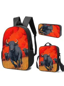 3pcs Set Including Backpack, Pencil Case, and Lunch Bag with Dynamic Bull Print on Fiery Orange Background. Adjustable Straps, Large Capacity, High-definition Printing, Suitable for Daily Use or Outdoor Activities.