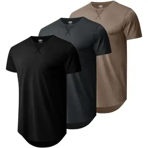 Mens 3 Pack Cotton Hipster Longline T Shirts Curved Hem Plain Hip Hop Short Sleeve Tee Fitted Casual Drop Cuts Crewneck