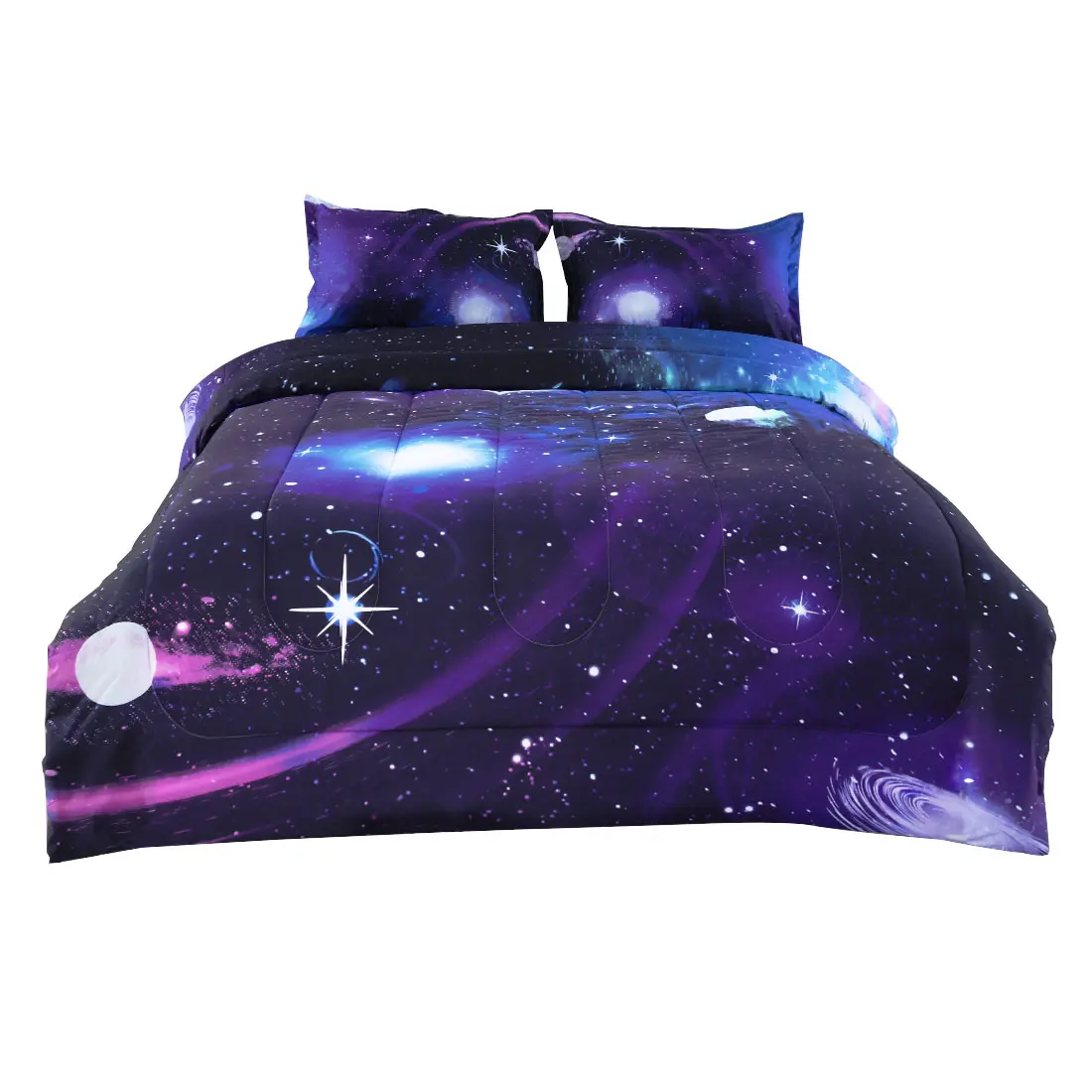 Unique Bargains Galaxies Purple Comforter Sets - 3D Outer Space Themed Bedding-All-season Down Alternative Quilted Duvet - Reversible Design-- Includes 1 Comforter, 2 Pillowcases