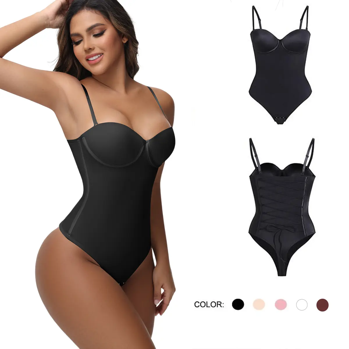 JOSHINE Shapewear Corset - Women's Large Cup 1-Piece Bodysuit, Waist Cincher, Backless Strapless Back-Tie Sleeveless Pleated Stretch Top, Body Slimming Minimalist Underwear Basic Blk